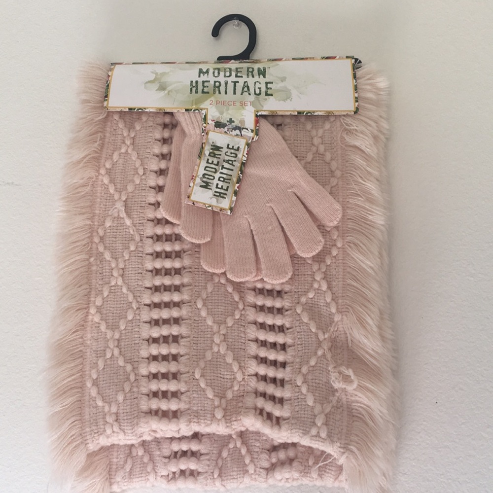 Pink knitted scarf with gloves.